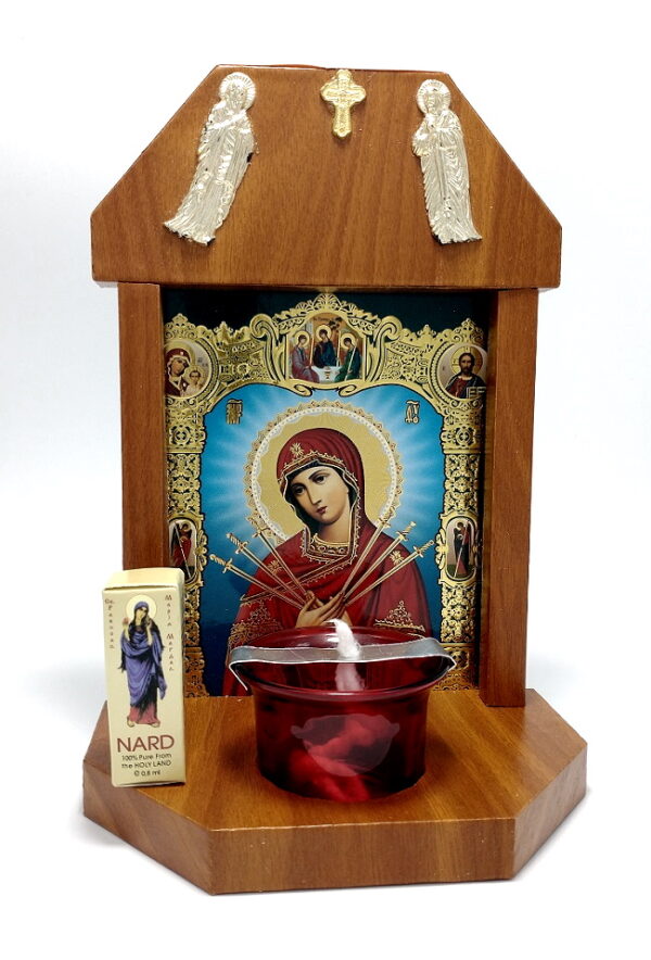 candela troita din lemn cu Icona Maicii Domnului 7 sageti