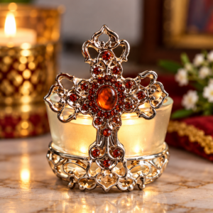 Candelă de masă din metal cu cruce și pahar