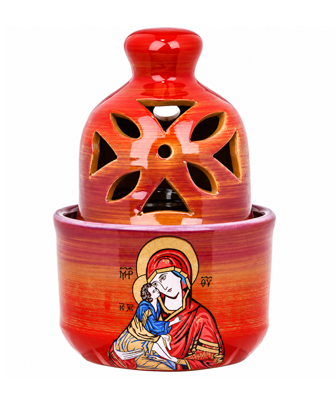 Candelă ceramică cu icoana Maicii Domnului cu Pruncul