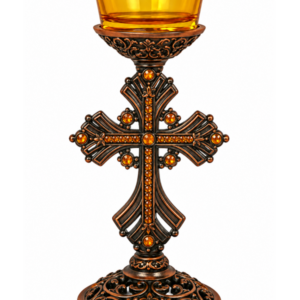 Candelă metalică cu cruce și pahar 15 cm