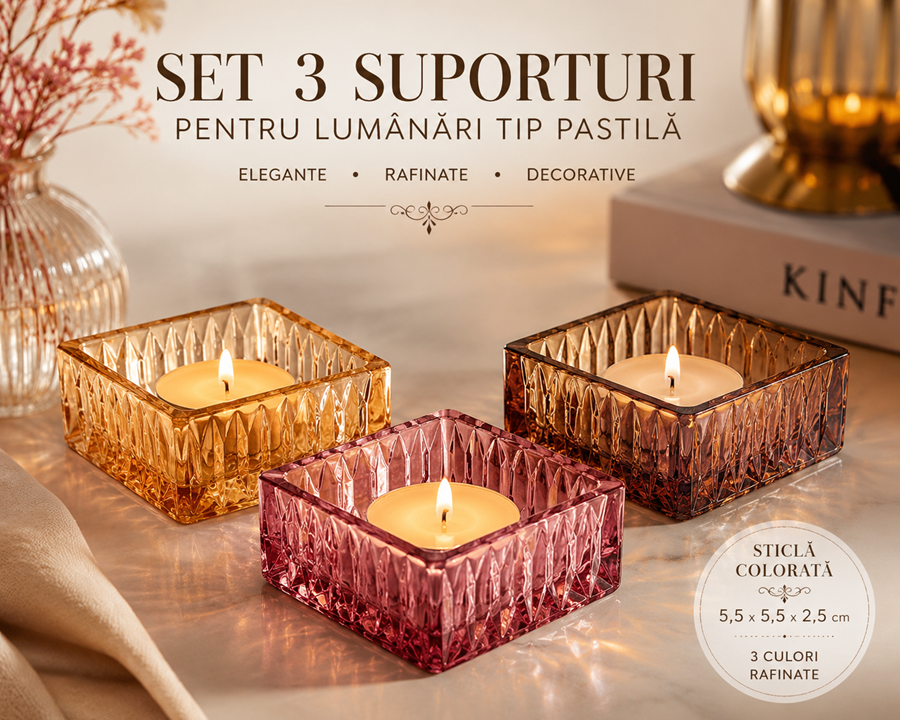Set 3 Suporturi pentru Lumânări Tip Pastilă