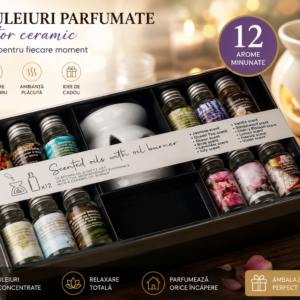 Set de 12 Uleiuri Parfumate 12ml și Suport Ceramic Alb
